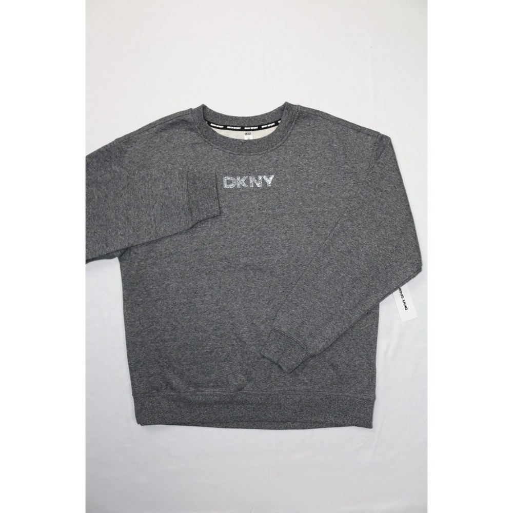 DKNY Sport Sweatshirt Heather Gray S Fleece Crew Neck Rhinestone Logo Script